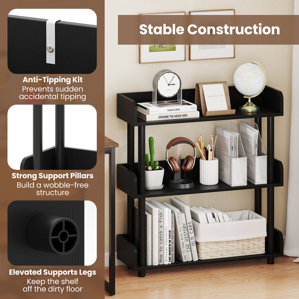 3-tier black bookshelf with anti-tipping kit and strong support pillars, ideal for living rooms and studies.