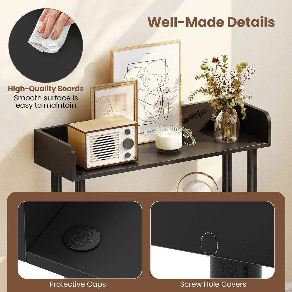 Black 3-tier bookshelf featuring protective caps and screw hole covers, ideal for living room storage and decor.