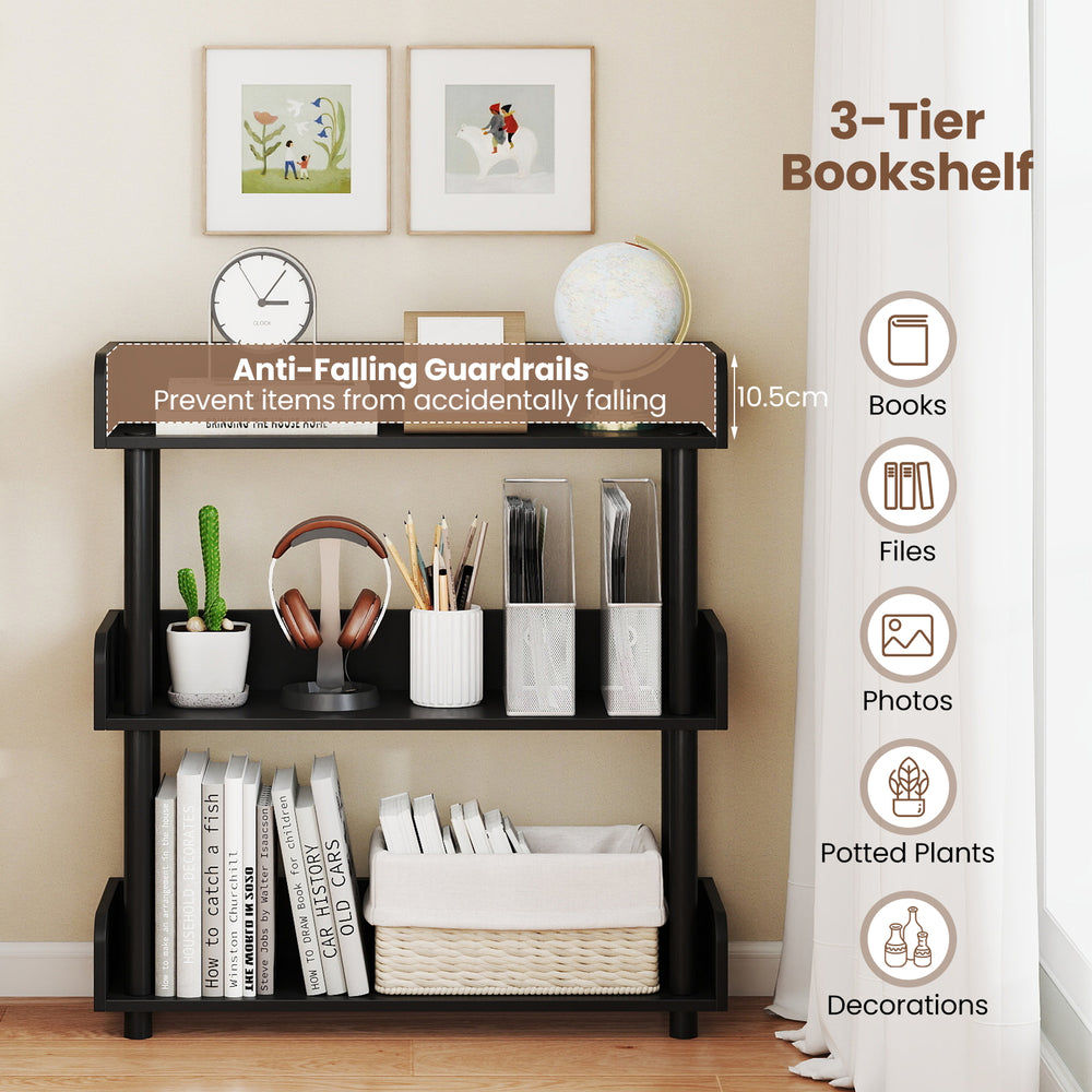 Black 3-tier bookshelf with anti-tipping kit, ideal for books and decorations in living rooms or offices.
