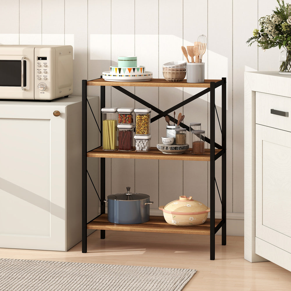 3-tier bookshelf with heavy-duty metal frame and wooden shelves, ideal for kitchen or living room organization.