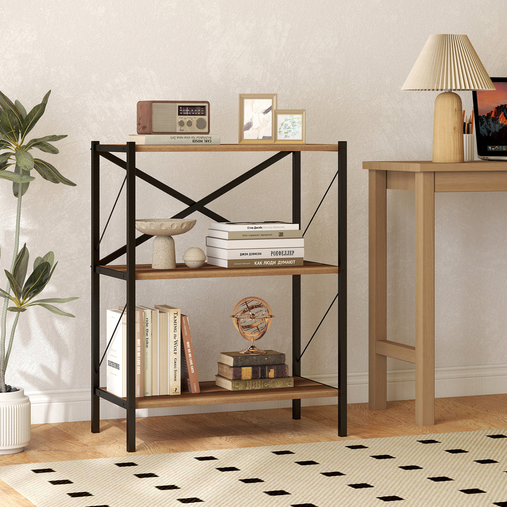 3-tier bookshelf with heavy-duty metal frame and wooden shelves, ideal for organizing books and decor in any indoor.