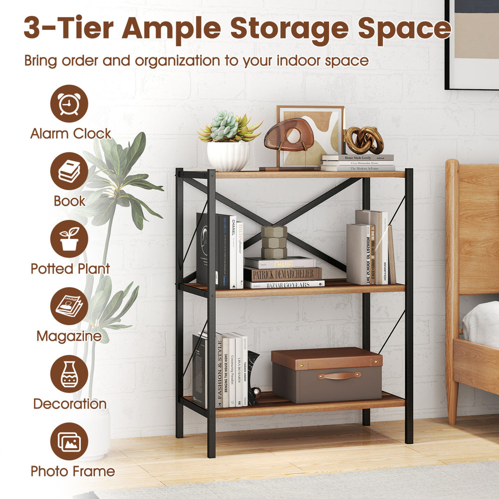 3-tier bookshelf with heavy-duty metal frame, wooden shelves, ideal for organizing books and decorations in any indoor.