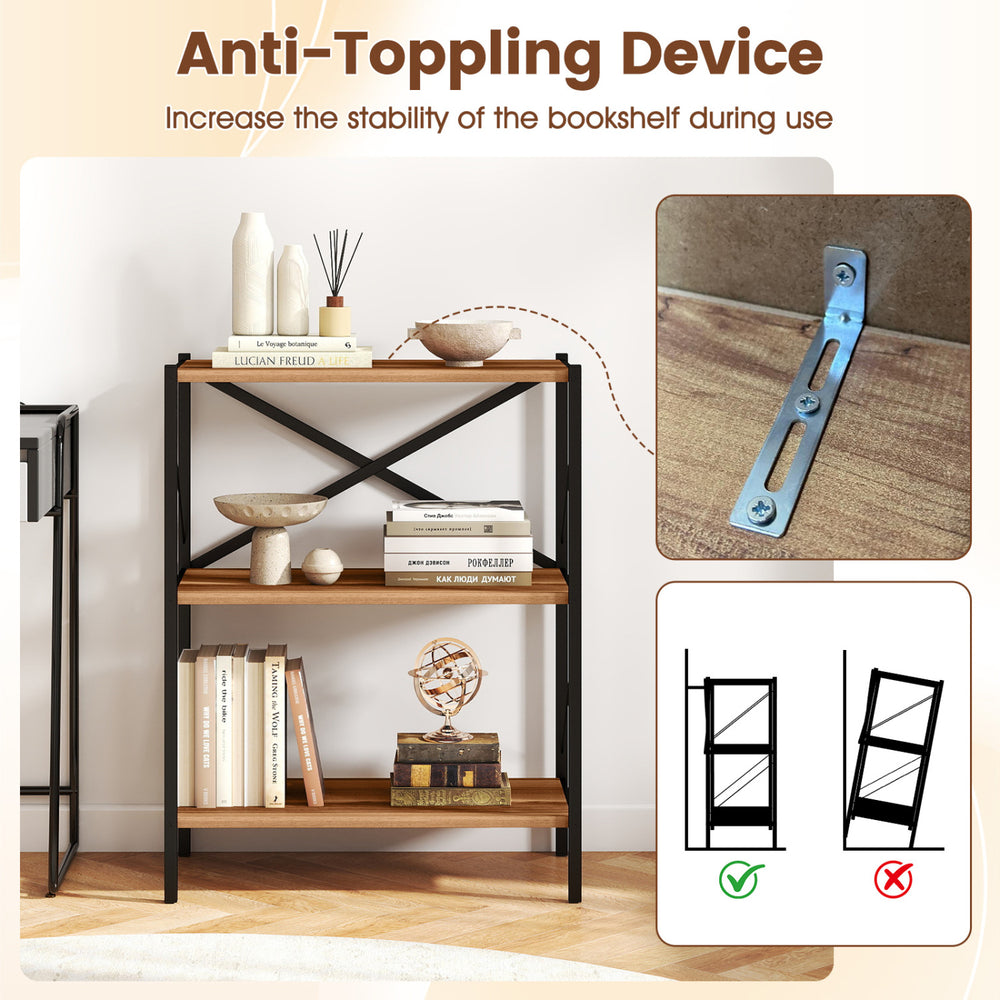 3-tier bookshelf featuring a heavy-duty metal frame and anti-toppling device for enhanced stability and organization.