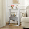3-tier white bookshelf featuring open storage and a bottom compartment, perfect for organizing books and decor in any.