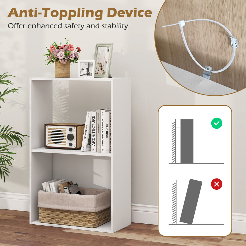 3-tier white bookshelf featuring open storage compartments and an anti-toppling device for enhanced safety and.