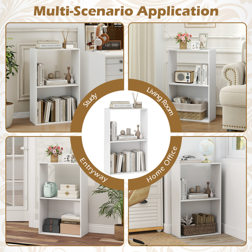 3-tier white bookshelf with open storage, ideal for organizing books and decor in study, living room, or home office.