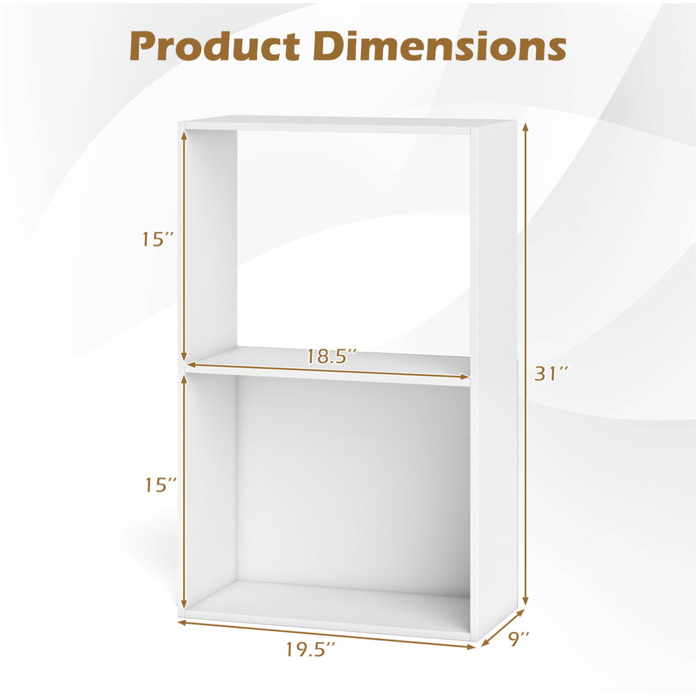 Dimensions of the 3-tier white bookshelf with open storage compartment, ideal for organizing books and decorations.