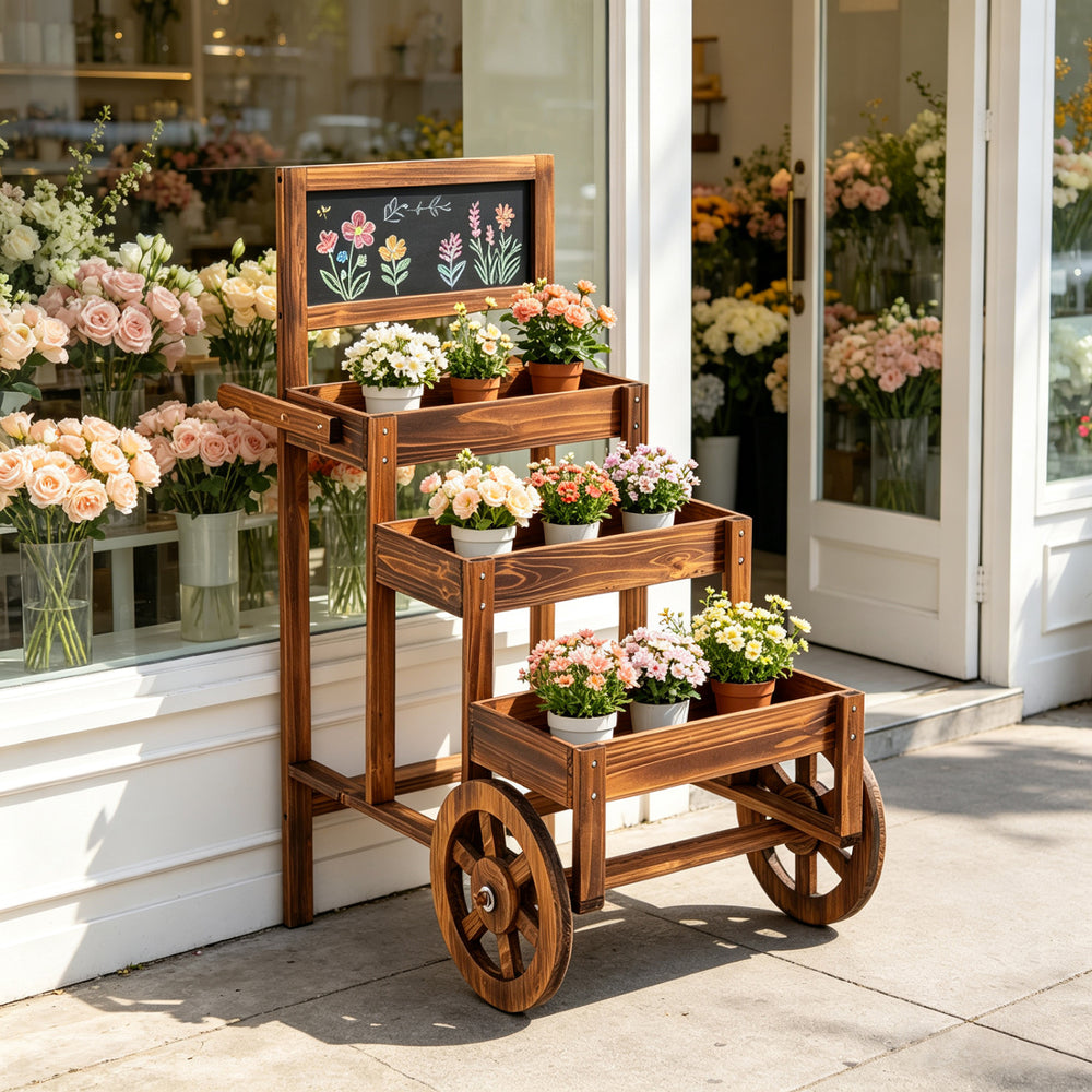 3-tier carbonized fir wood plant display stand with planter boxes, wheels, and chalkboard for outdoor use and events.