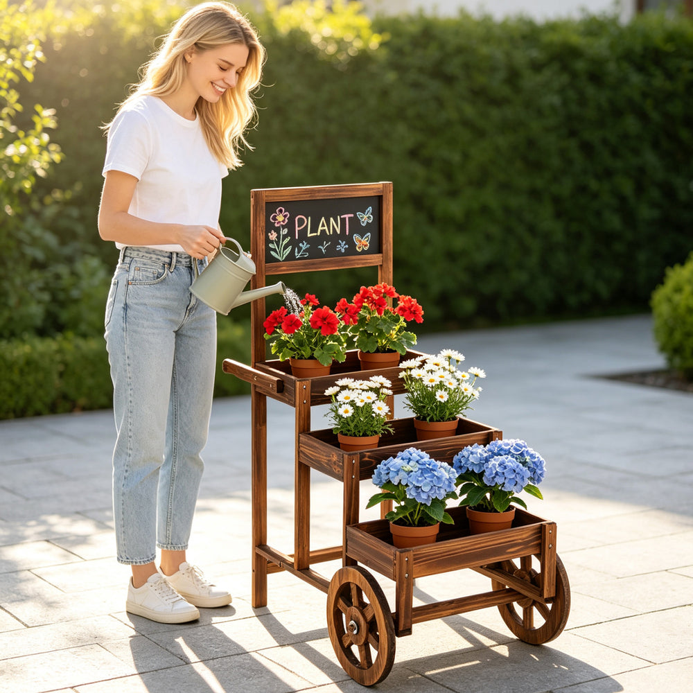 3-tier carbonized fir wood plant display stand with planter boxes, chalkboard, and wheels for easy outdoor use.