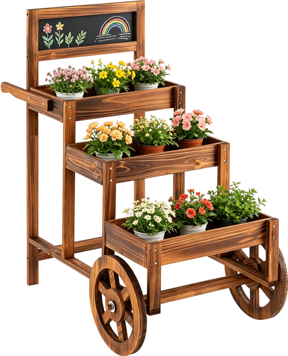 3-tier carbonized fir wood plant display stand with wheels, featuring planter boxes and a chalkboard for outdoor use.