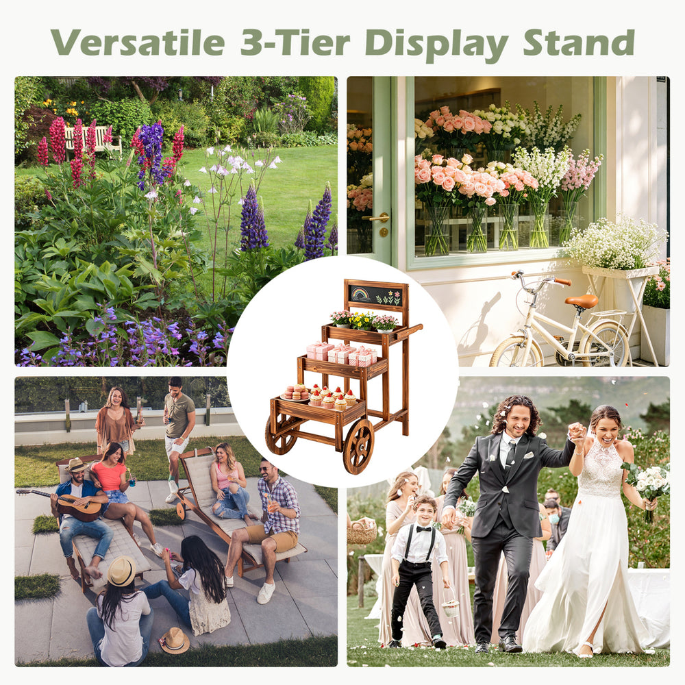 3-Tier carbonized fir wood plant display stand in brown with wheels and chalkboard, perfect for gardens and events.