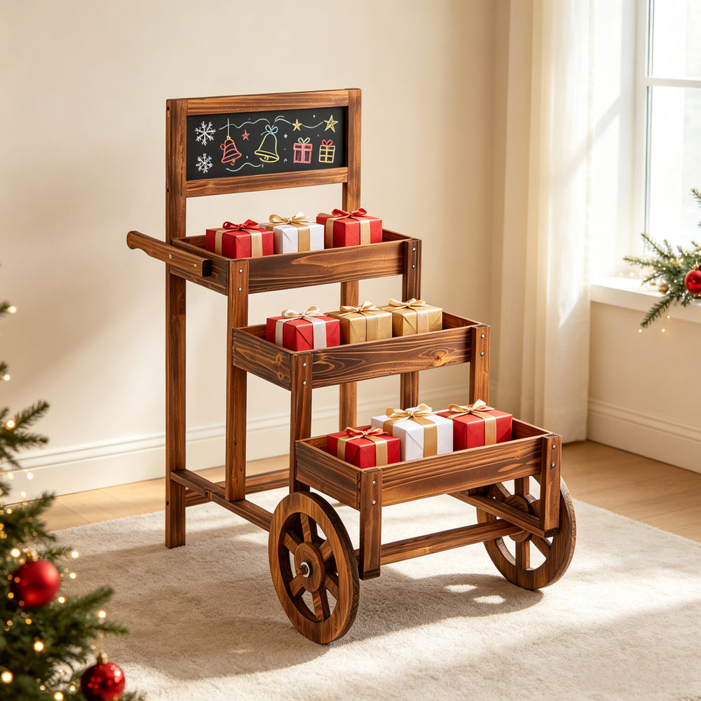 3-tier carbonized fir wood plant display stand with chalkboard and wheels, perfect for gardens and events.