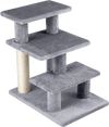 3-tier cat stairs in gray with plush steps and scratching posts, ideal for high beds and sofas for easy pet access.
