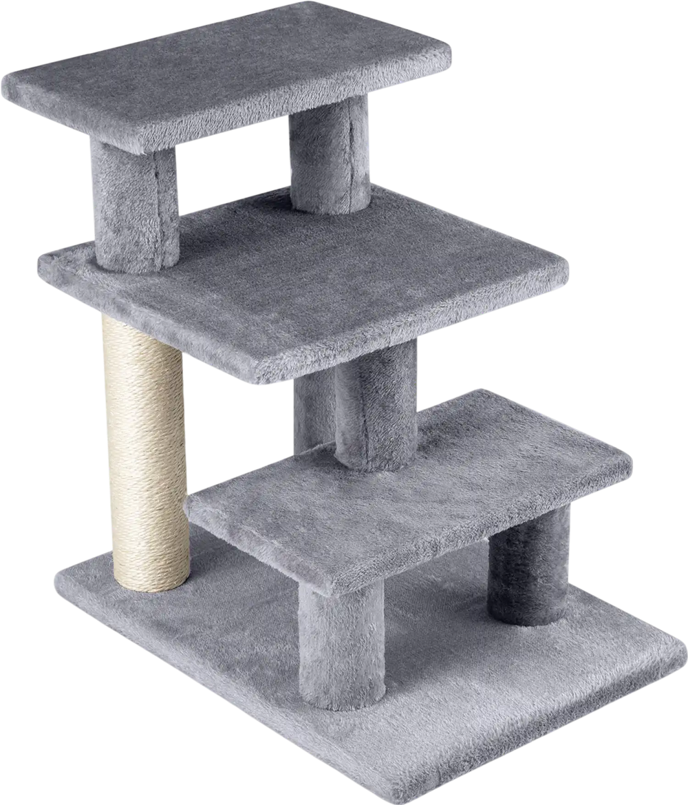 3-tier cat stairs in gray with plush steps and scratching posts, ideal for high beds and sofas for easy pet access.