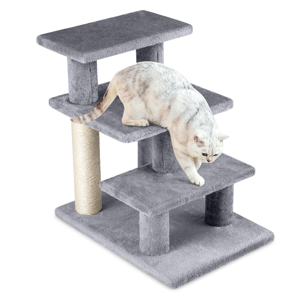3-tier cat stairs in gray with plush platforms and scratching posts, ideal for sofas and beds, supporting pets up to 33.