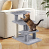 3-tier gray cat stairs with plush steps and scratching posts, ideal for sofas and beds, supporting up to 33 lbs.