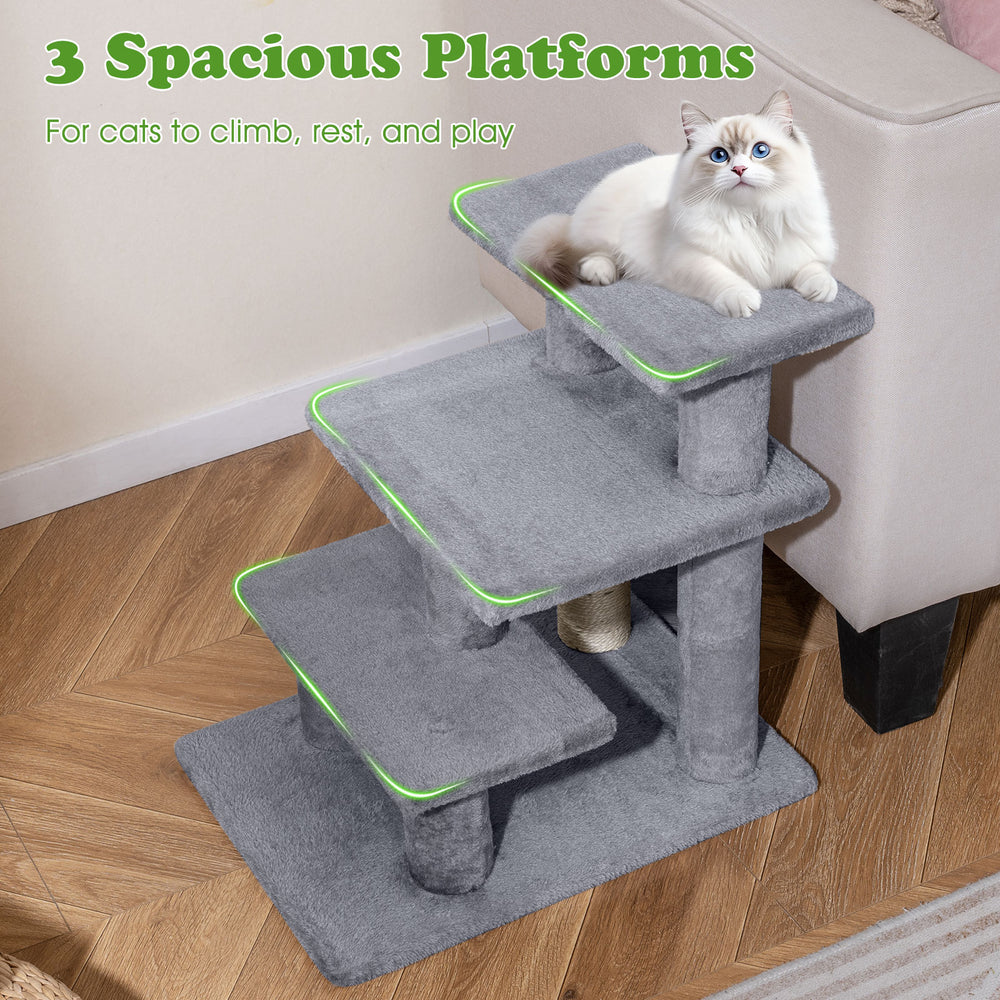 3-tier cat stairs in gray with plush platforms and scratching posts, ideal for climbing and lounging by sofas or beds.