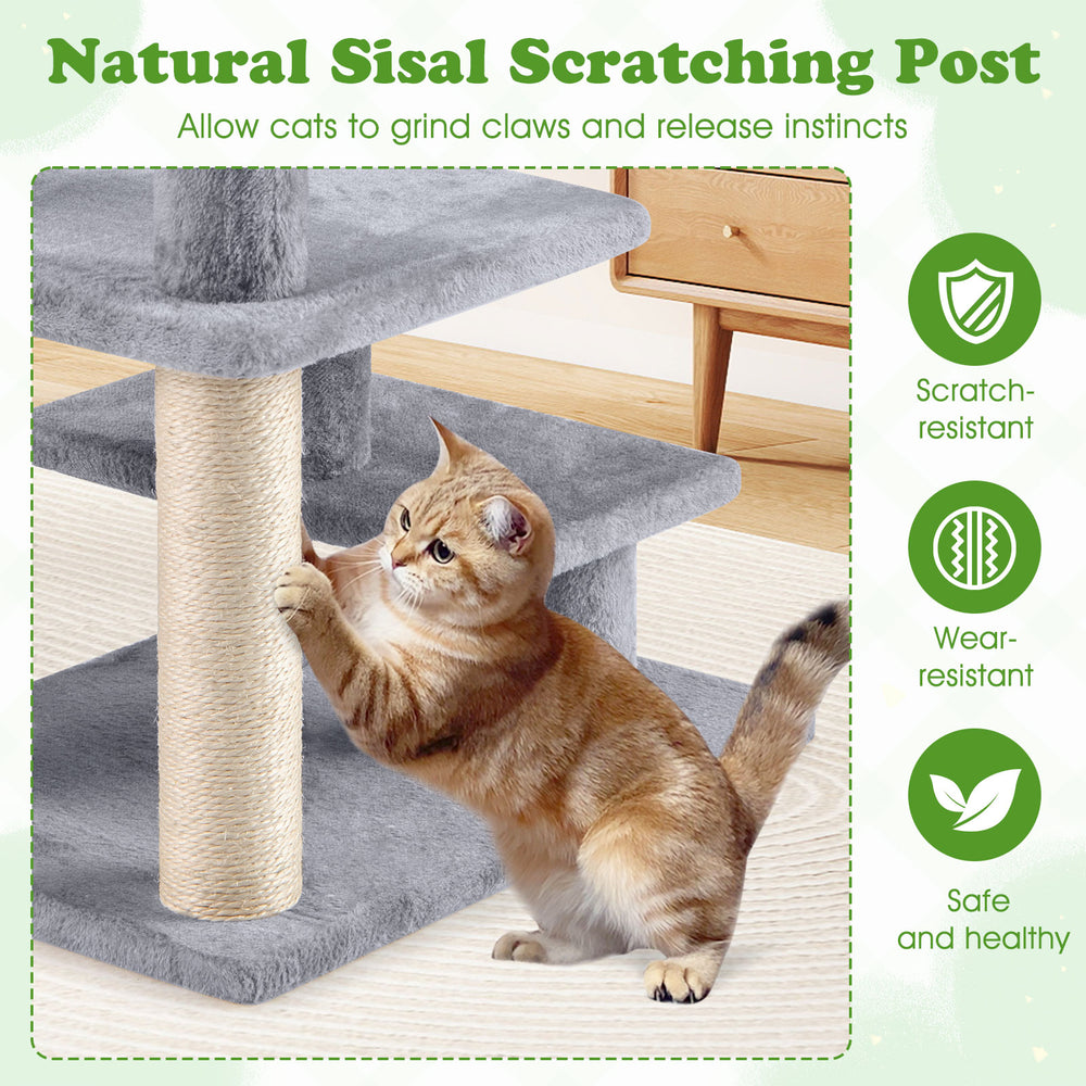 3-tier cat stairs with plush steps and natural sisal scratching posts, ideal for sofas and beds, supporting up to 33.