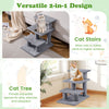 3-tier cat stairs in gray with plush steps and scratching posts, ideal for climbing and lounging by sofas or beds.