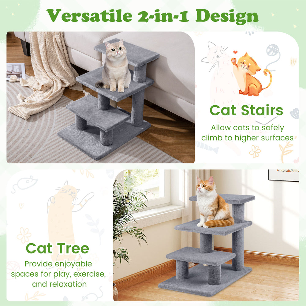 3-tier cat stairs in gray with plush steps and scratching posts, ideal for climbing and lounging by sofas or beds.