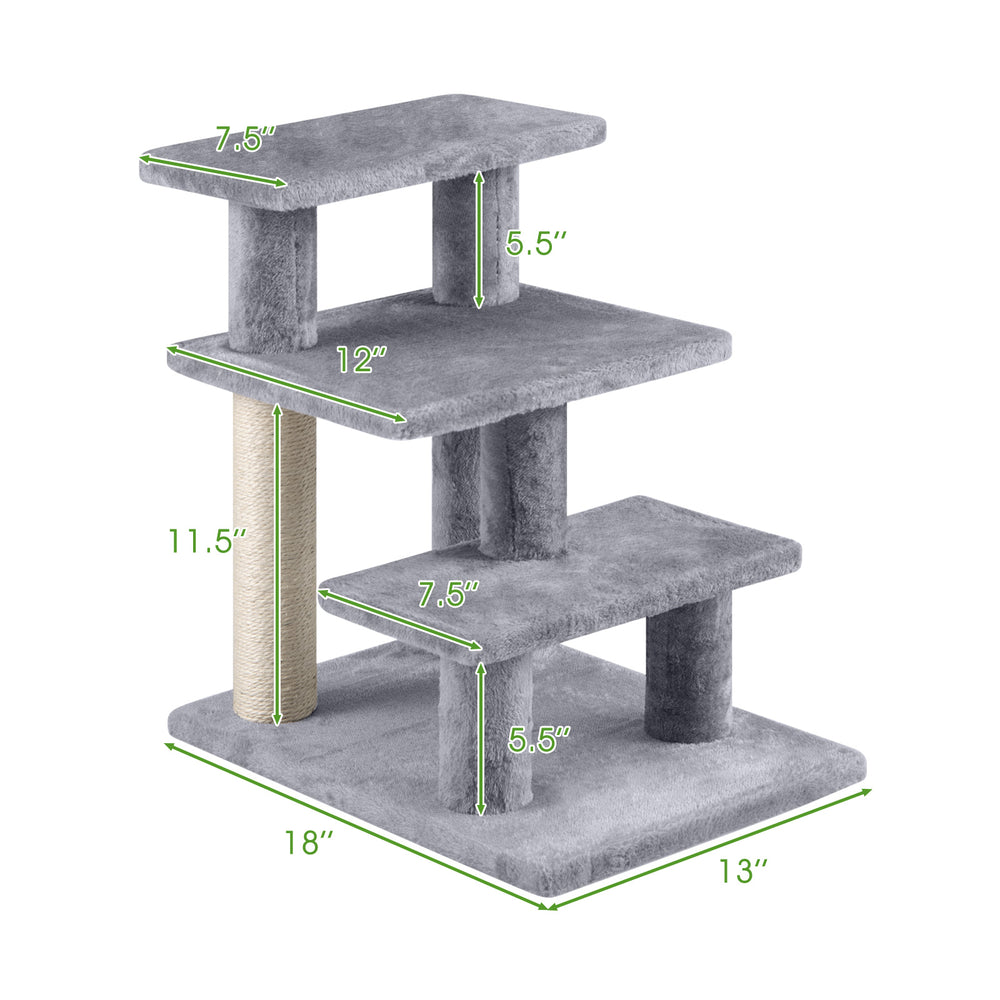 3-tier gray cat stairs with plush platforms and scratching post, ideal for beds and sofas, supporting pets up to 33 lbs.