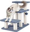 3-tier cat stairs in gray with scratching posts and plush hanging toy ball, perfect for climbing and lounging.