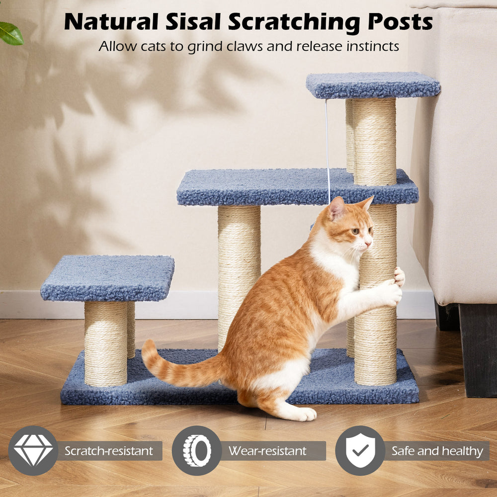 3-tier cat stairs with scratching posts and plush platforms in gray, ideal for climbing and lounging for cats and small.
