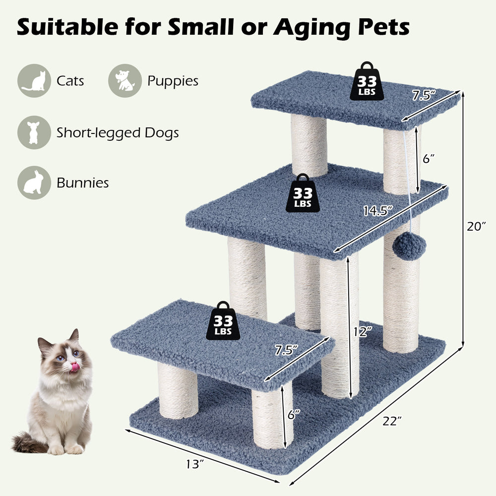 3-tier cat stairs in gray with scratching posts, plush platforms, and hanging toy ball, ideal for small pets and easy.