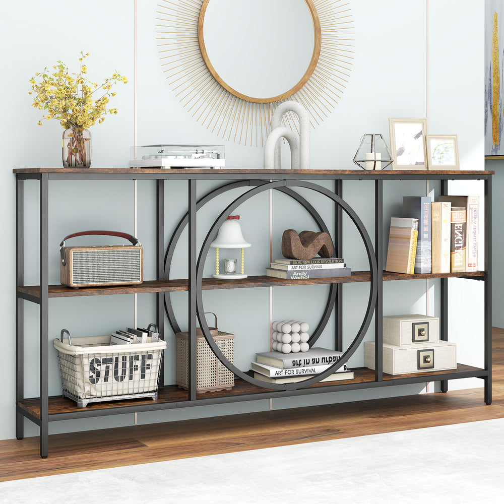 3-tier console table in rustic brown with faux marble top and metal frame, perfect for hallway storage and decor.