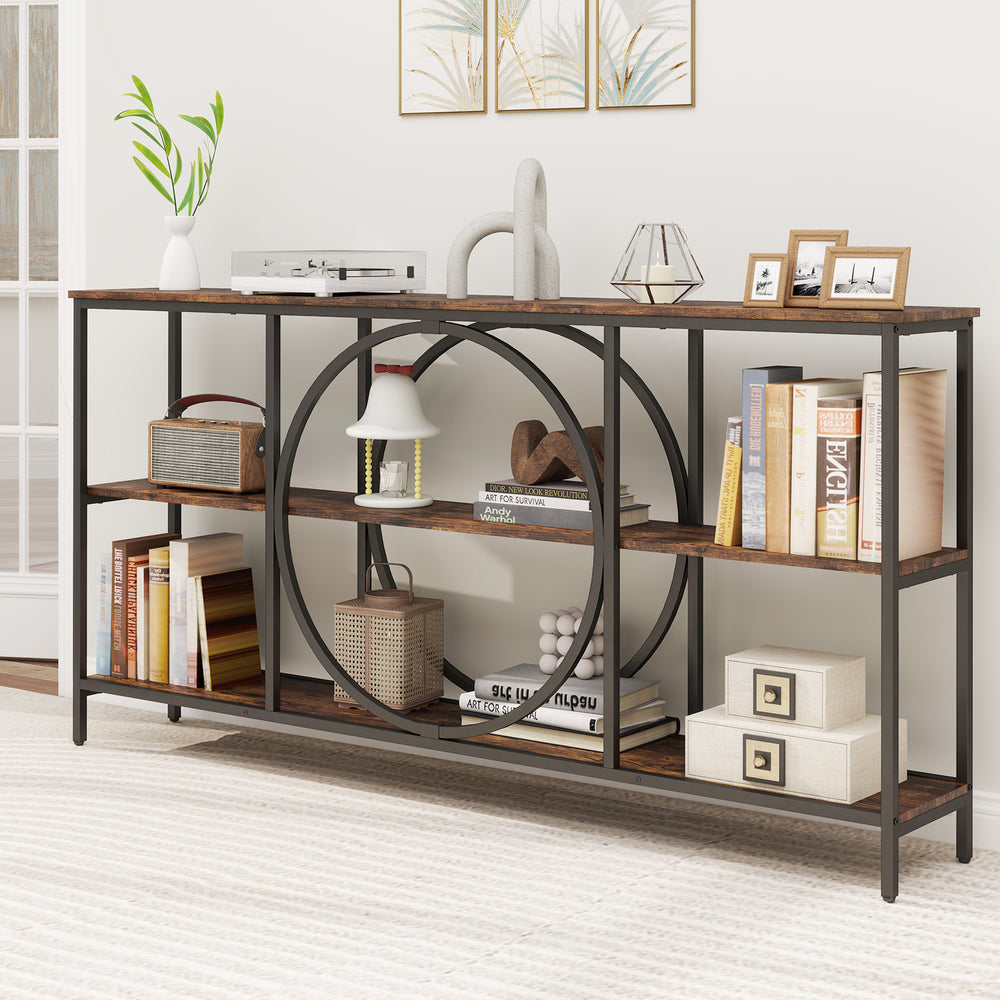 3-tier console table in rustic brown with faux marble top and metal frame, ideal for living room storage and style.