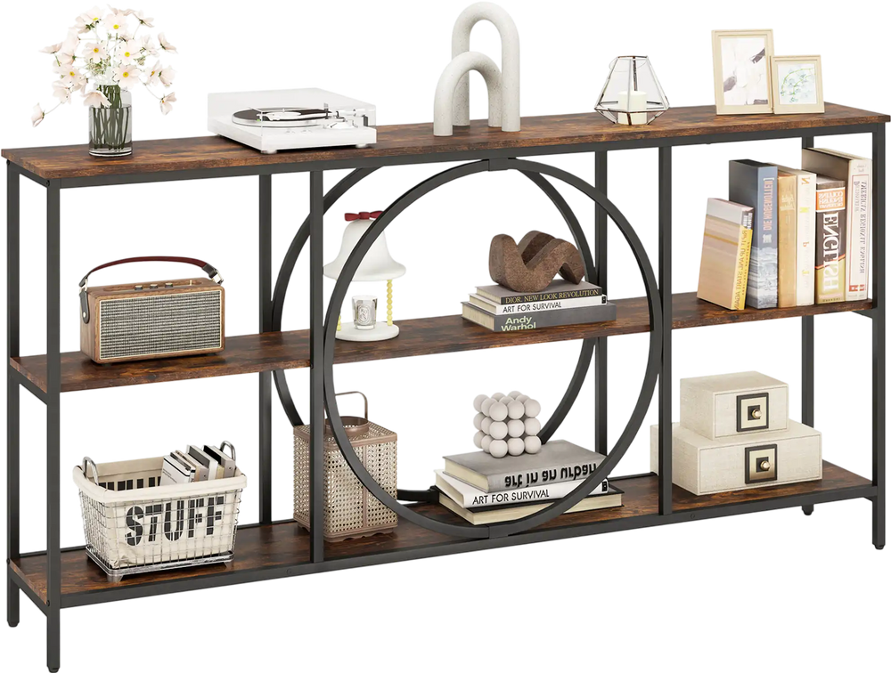 3-tier console table in rustic brown with faux marble top and metal frame, ideal for hallway or living room storage.