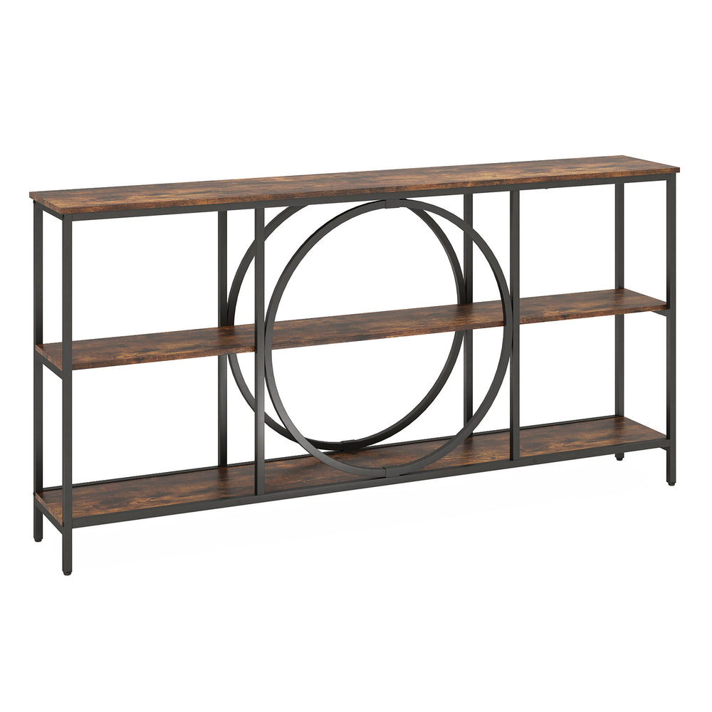 3-tier console table in rustic brown with faux marble top and metal frame, perfect for hallway or living room storage.