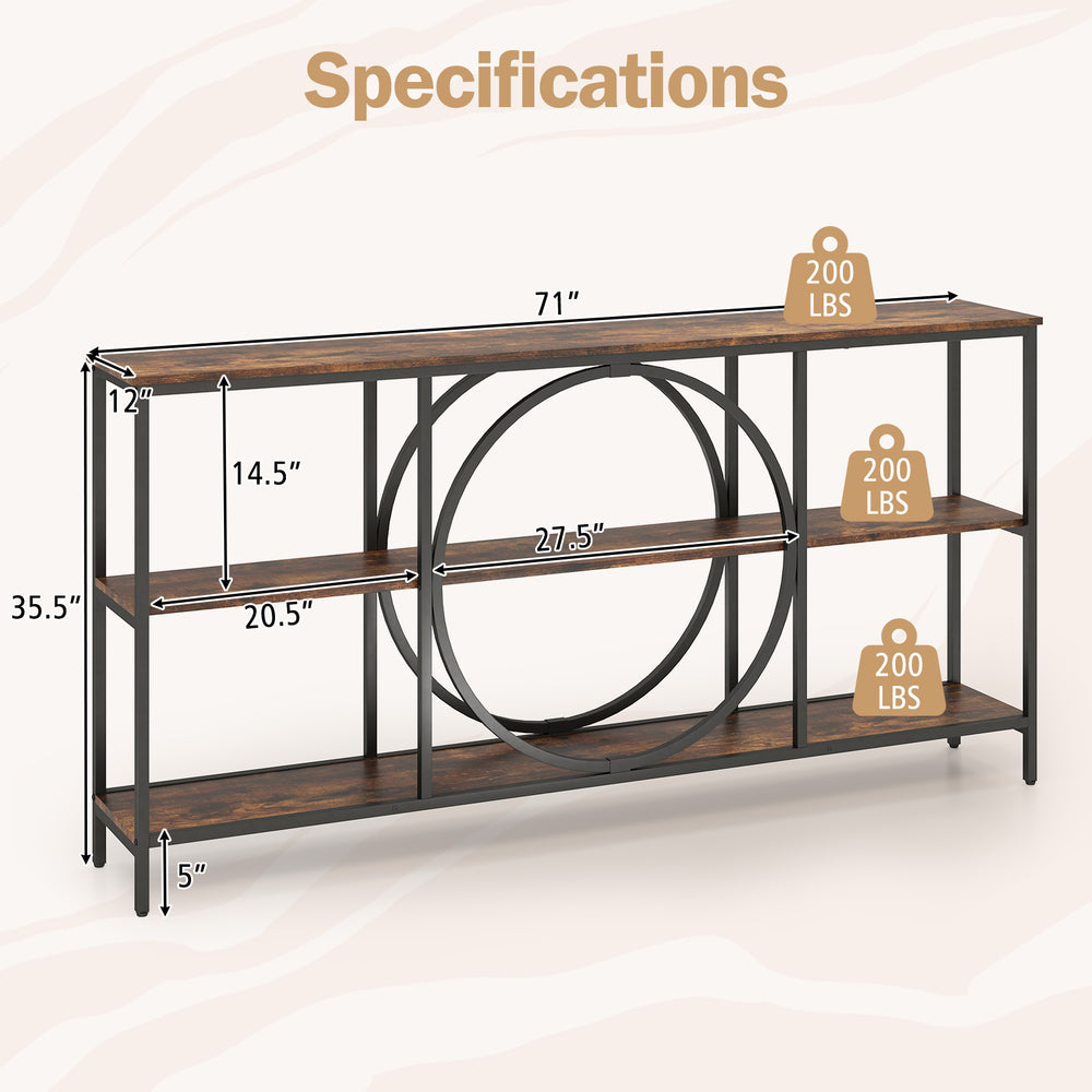 3-tier console table in rustic brown with faux marble top, featuring heavy-duty metal frame and ample storage for.