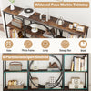 3-tier console table with faux marble top in rustic brown, featuring 6 partitioned open shelves for stylish storage.