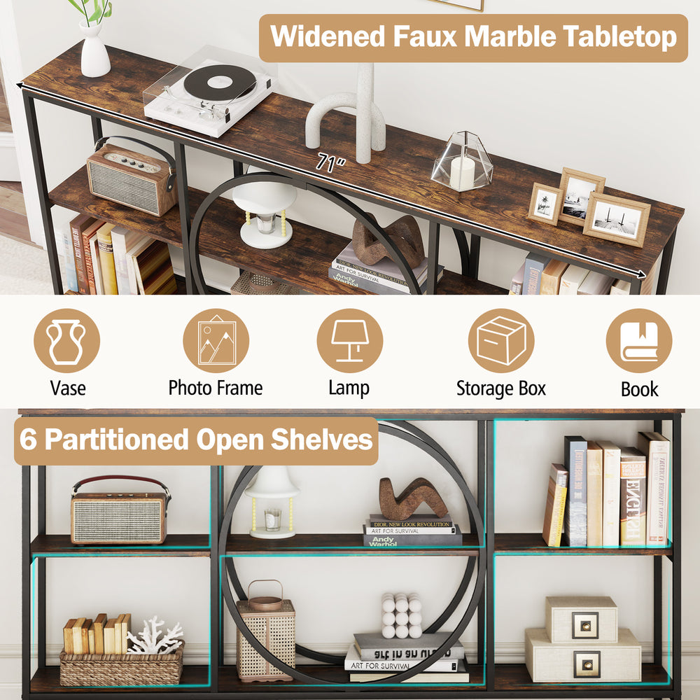 3-tier console table with faux marble top in rustic brown, featuring 6 partitioned open shelves for stylish storage.