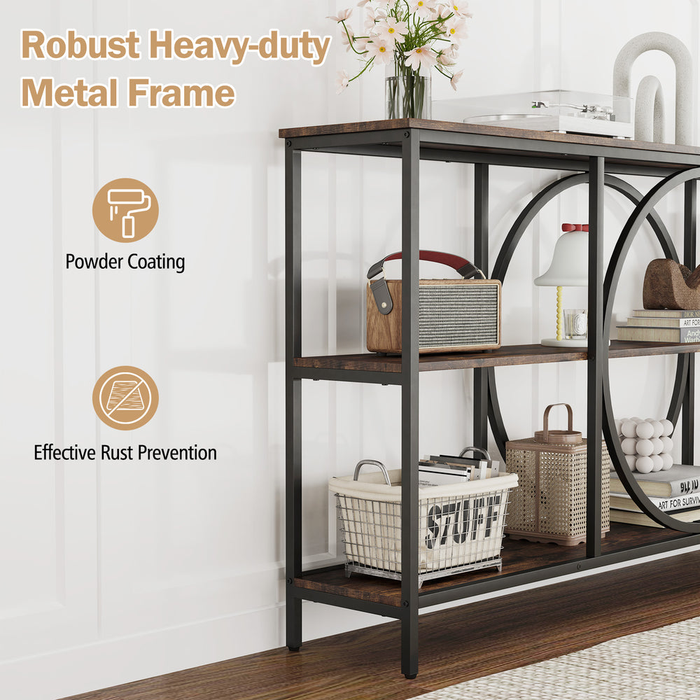 3-tier console table with faux marble top, heavy-duty metal frame, and rustic brown finish for hallway storage.