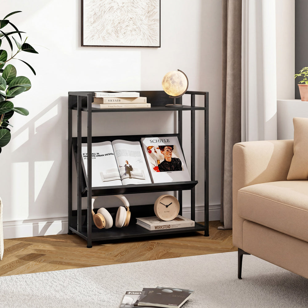 3-tier corner bookshelf in black with open design and back panels, perfect for stylish organization in any room.