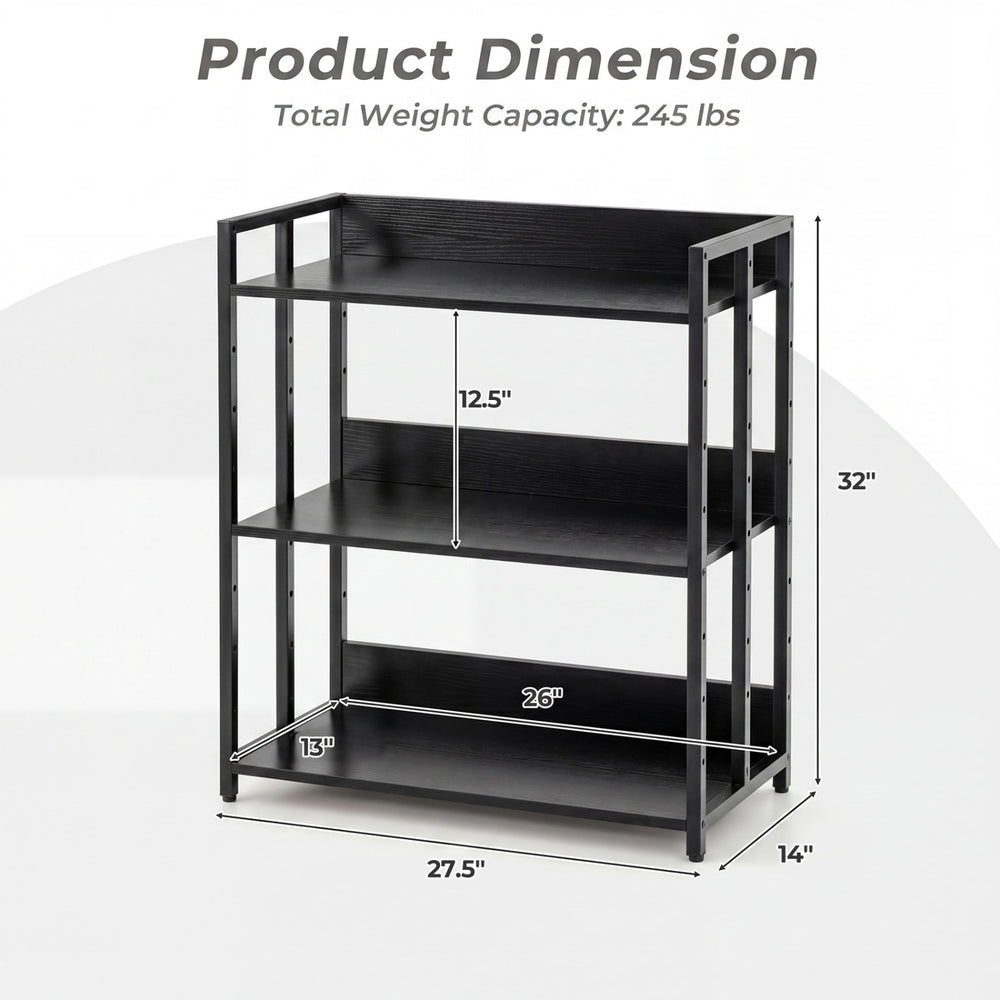 3-tier black corner bookshelf with adjustable shelves, sturdy metal frame, and anti-toppling device for added safety.
