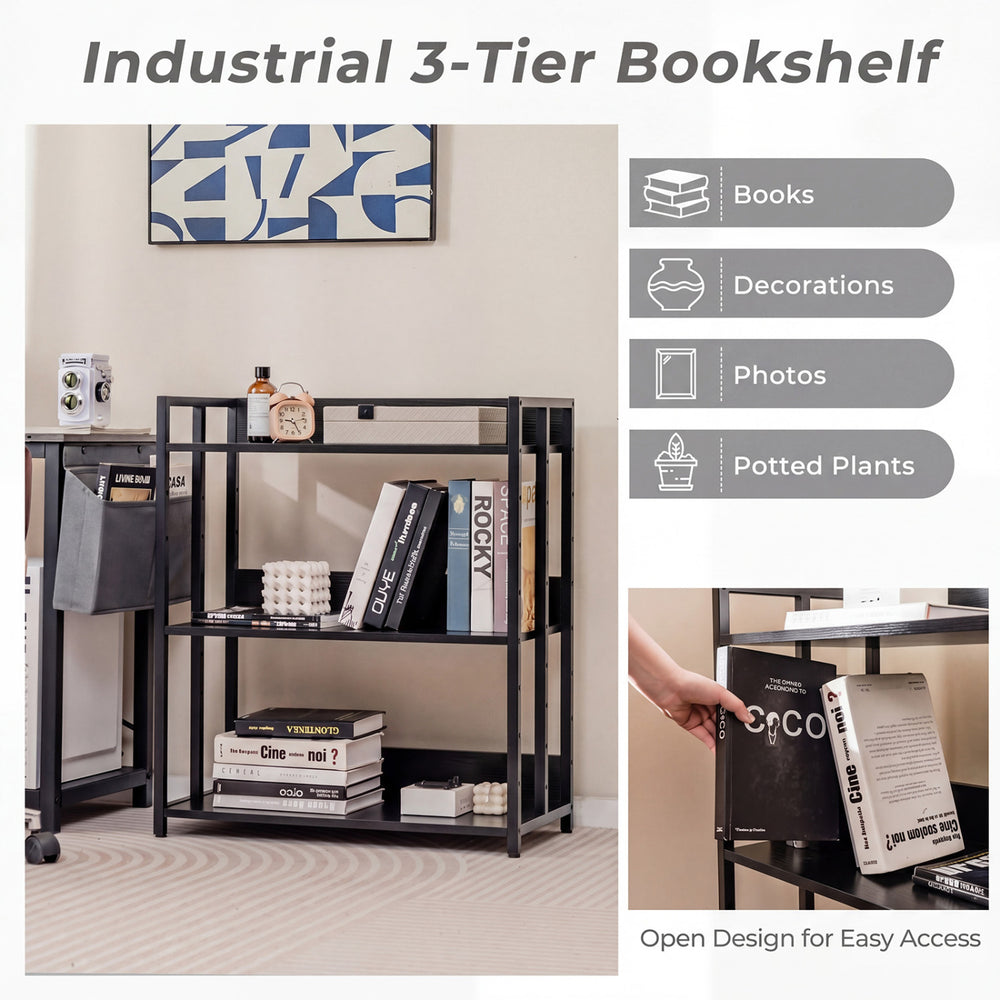 3-tier black corner bookshelf with adjustable shelves and sturdy metal frame, perfect for organizing books and decor.