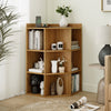 3-tier corner cabinet in natural wood with charging station, featuring 9 cubes for storage and space-saving design.