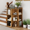 Natural wood 3-tier corner cabinet with 9 open cubes, perfect for displaying books and ornaments in tight spaces.