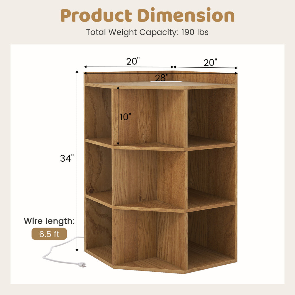 3-tier corner cabinet in natural finish with charging station, featuring 4 outlets, 2 USB ports, and space-saving.