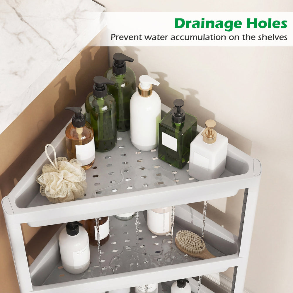 3-tier corner shower caddy in white with drainage holes, designed for efficient space-saving storage in bathrooms.