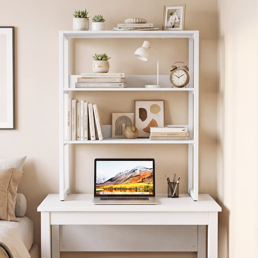 3-tier countertop storage hutch in white with open shelves, ideal for organizing books and decor in a stylish workspace.