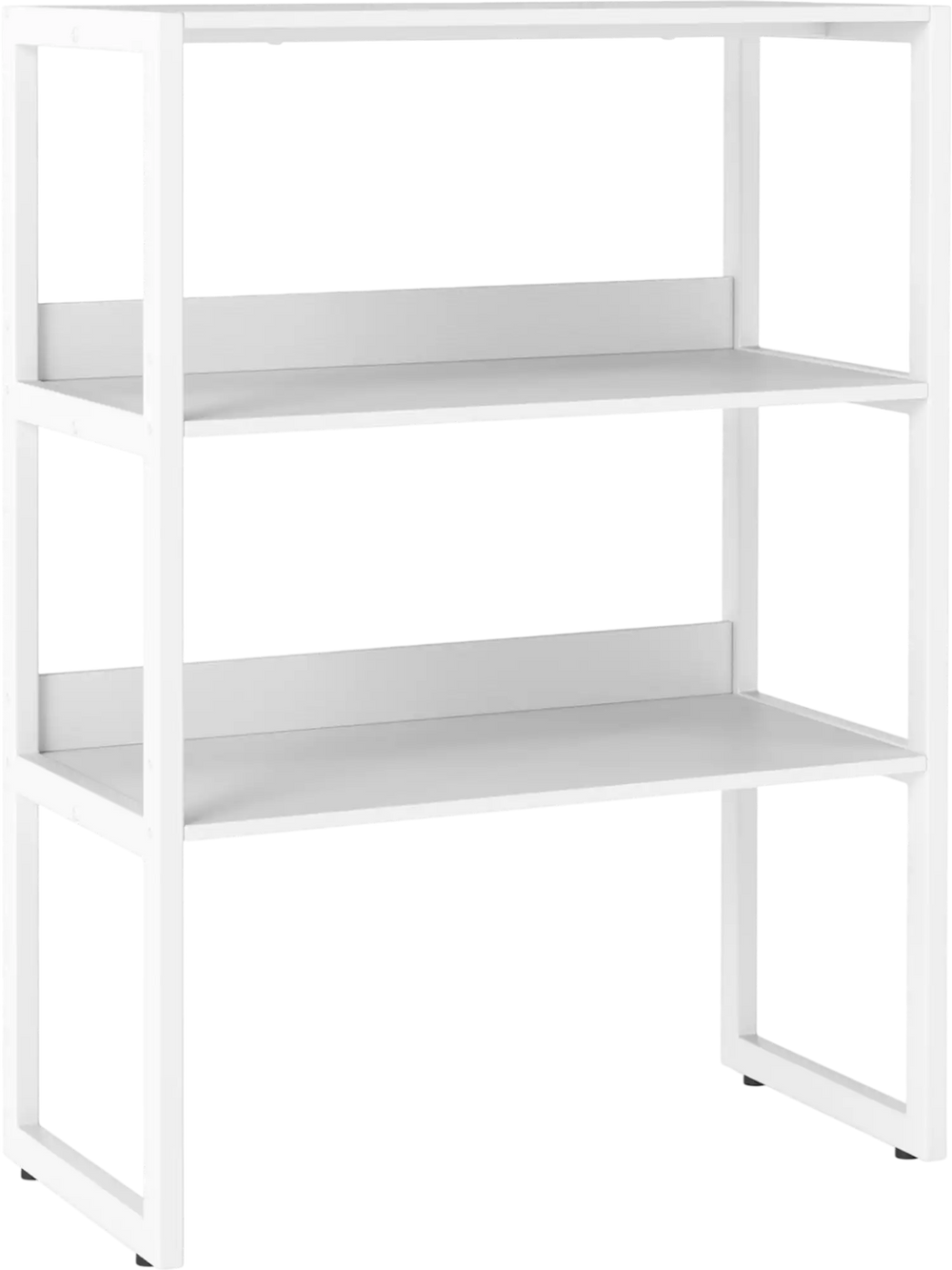 3-tier white countertop storage hutch with open shelves and robust metal frame for organized storage and easy access.