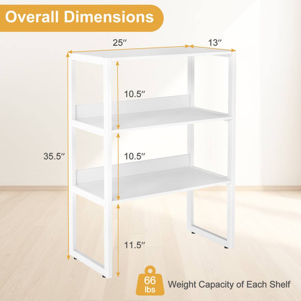 3-tier white countertop storage hutch with open shelves, featuring dimensions and weight capacity for organized storage.