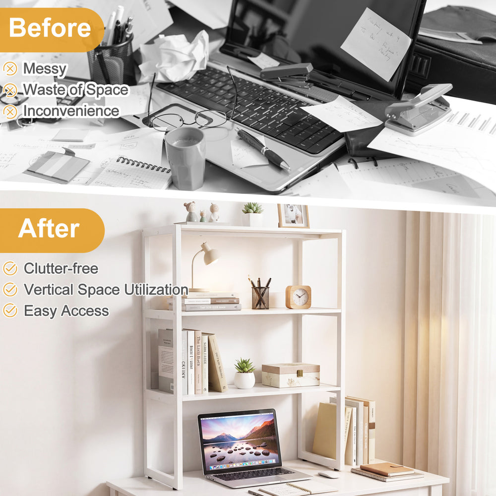 3-tier countertop storage hutch in white with open shelves for organized storage and easy access, featuring a robust.