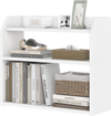 3-tier white wooden desktop bookshelf with raised guardrails, perfect for organizing books and decor in small spaces.