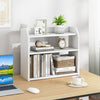 3-tier white wooden desktop bookshelf with raised guardrails, ideal for organizing books and decor in small spaces.
