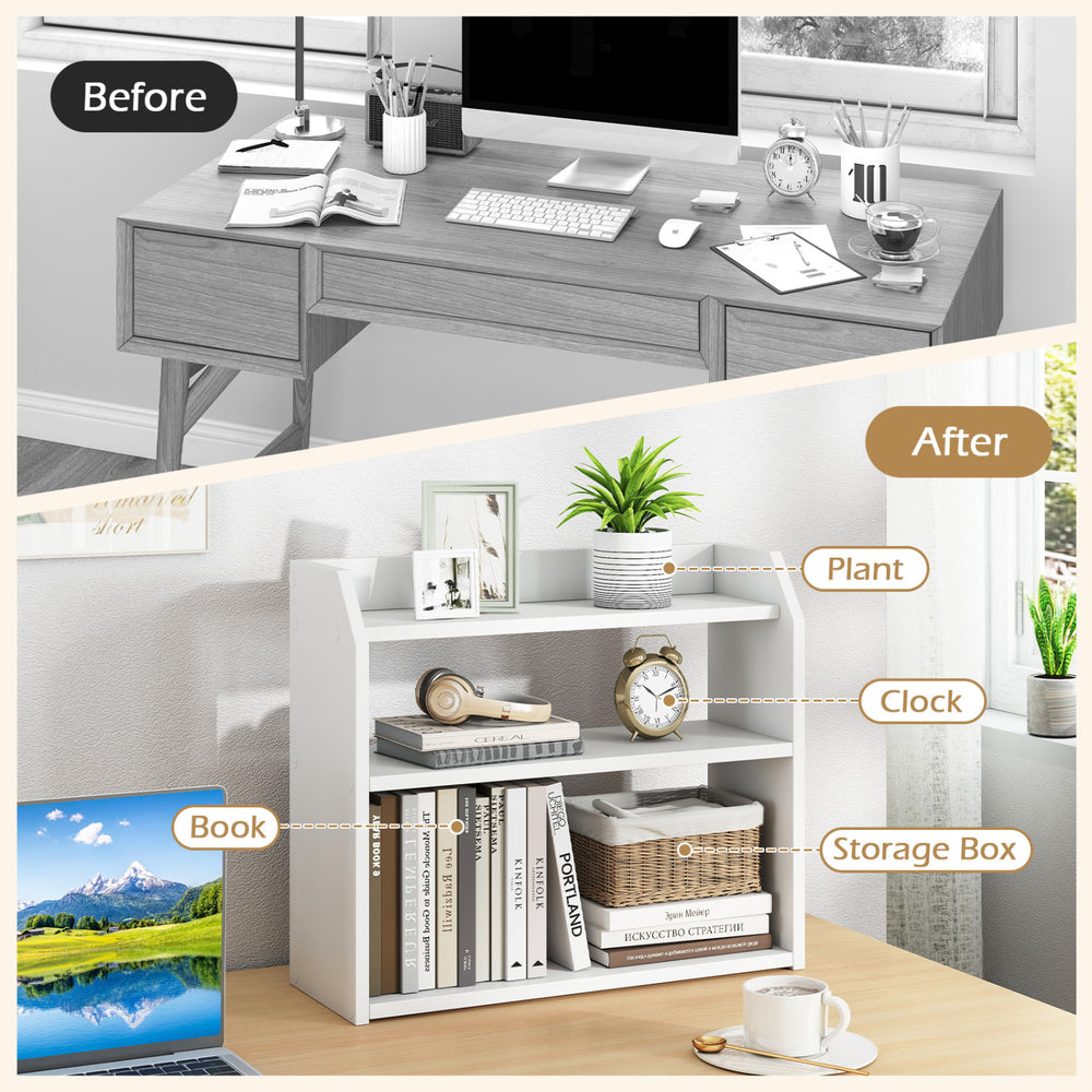 3-tier white wooden desktop bookshelf showcasing books, a clock, and a plant, enhancing organization and elegance in.